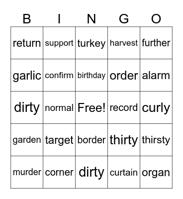 ar or ir ur Bingo Card