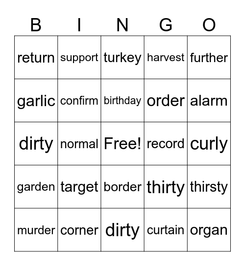 ar or ir ur Bingo Card