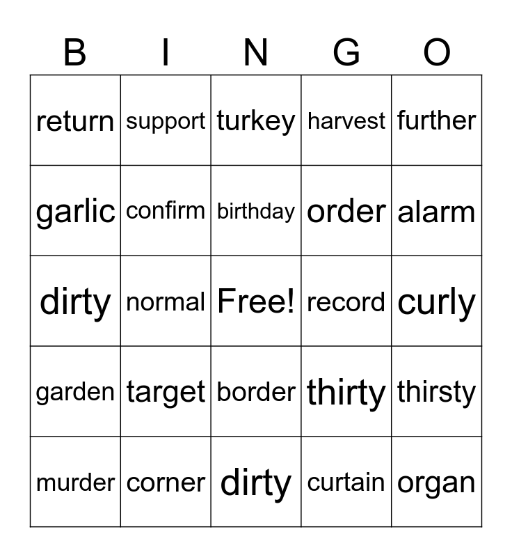 ar or ir ur Bingo Card