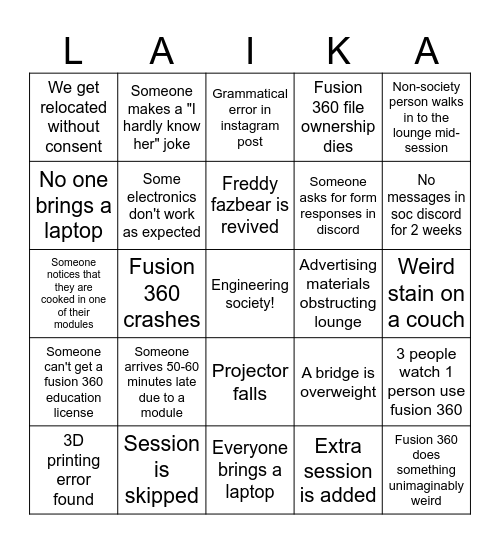 Engineering Society Bingo Card