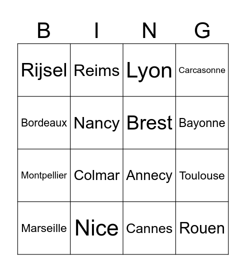 Reizen door Frankrijk Bingo Card