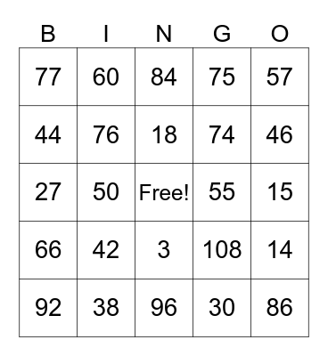 Multiplication Fact Bingo Card