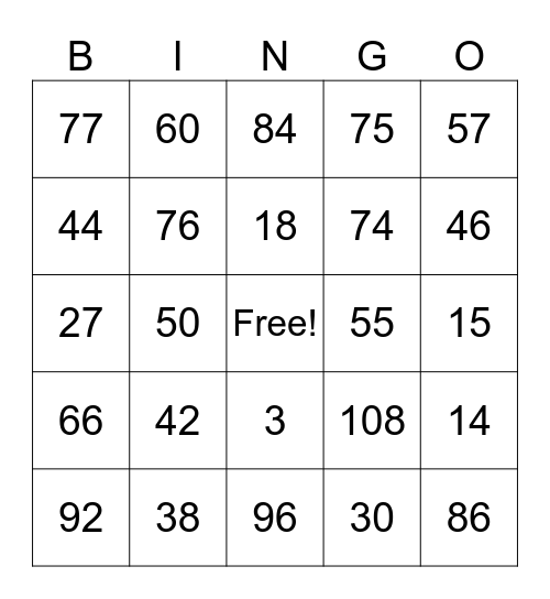 Multiplication Fact Bingo Card
