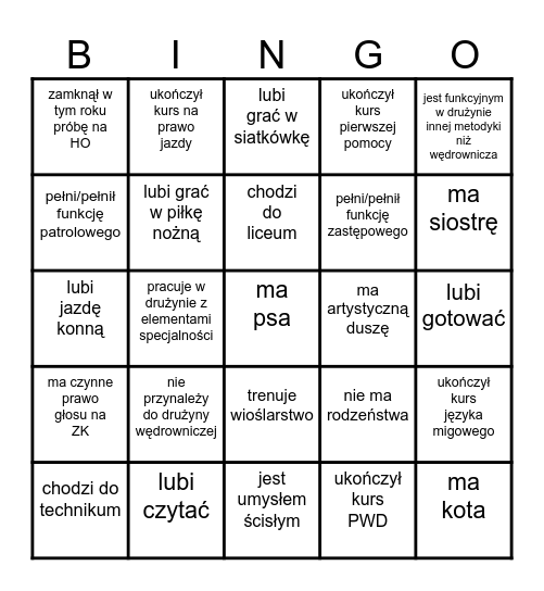 Znajdź kogoś kto... Bingo Card