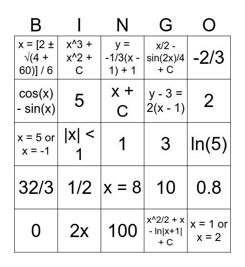 MATHLYMPICS Bingo Card