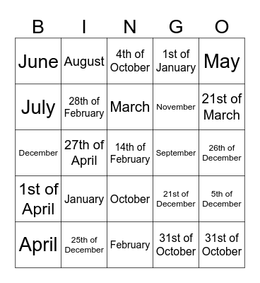 Months Bingo Card