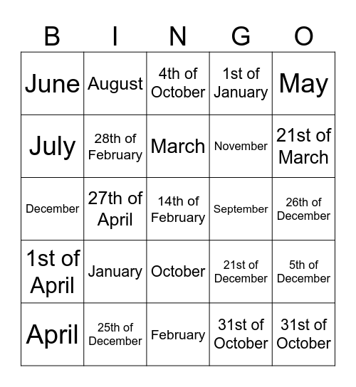 Months Bingo Card