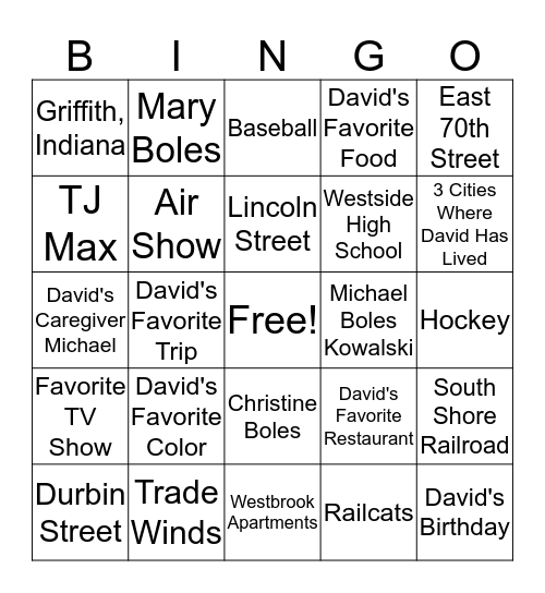 David Boles Bingo Card