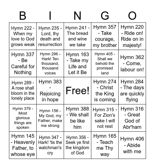 Hymn Bingo Card