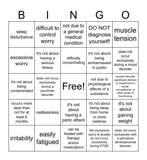 GENERALIZED ANXIETY DISORDER Bingo Card