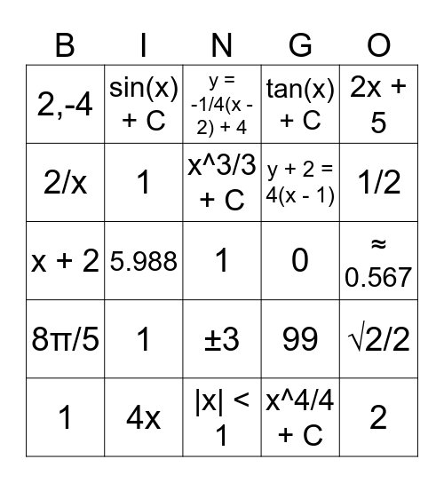 MATHYMPICS Bingo Card