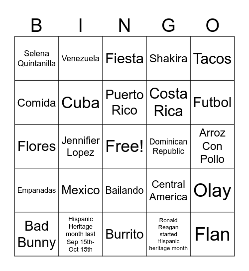 Hispanic Heritage Bingo Card