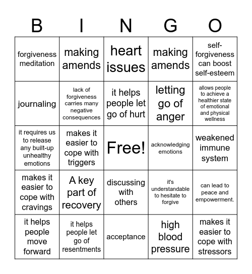 FORGIVENESS Bingo Card