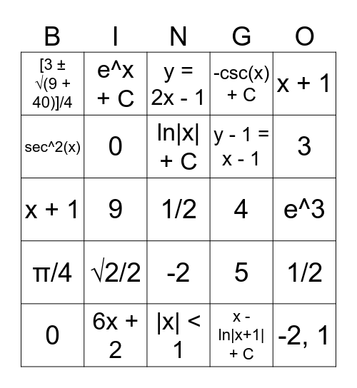 MATHLYMPICS Bingo Card