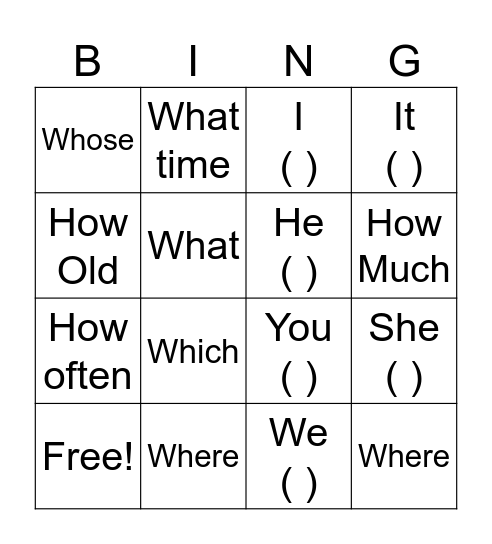 Question Word Bingo Card