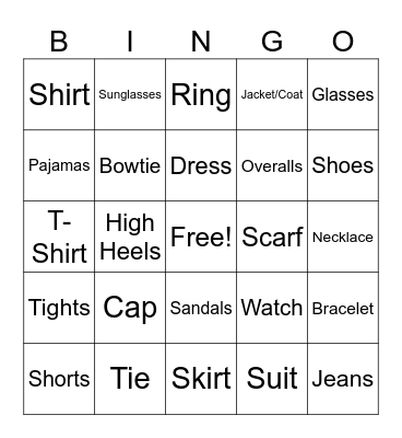 ASL Clothes & Compliments Bingo Card