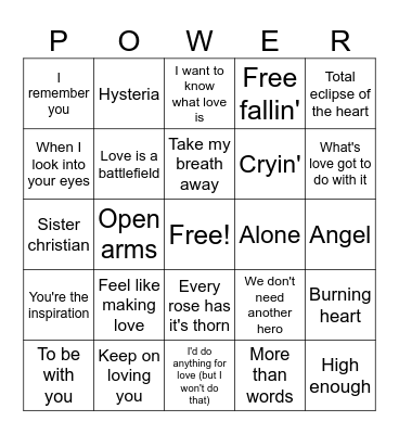 Joe Knows Power Ballads Bingo Card