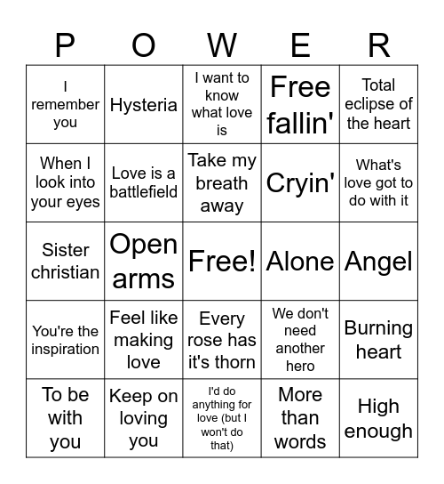 Joe Knows Power Ballads Bingo Card