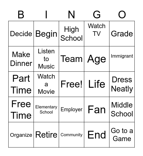 Lesson 3 VocabularyP Bingo Card