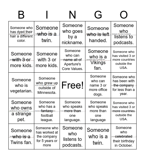 Aperture Coworker BINGO Card