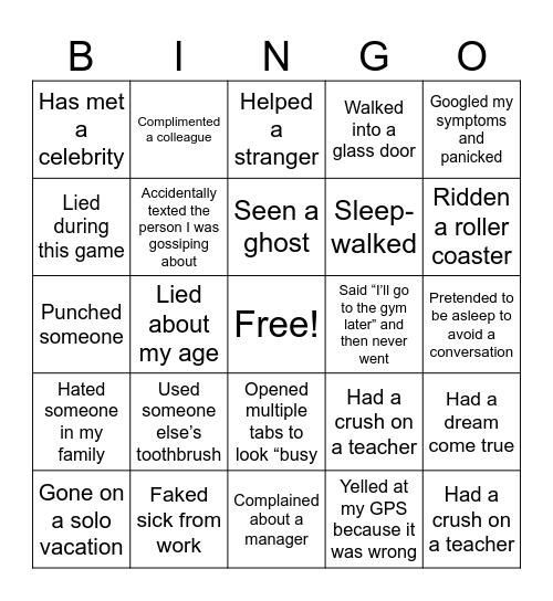 Never Have I Ever Bingo Card