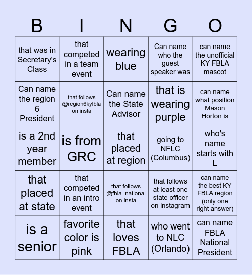 Region 6 FBLA ...Find Someone Bingo Card