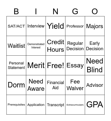 College Admissions Bingo Card