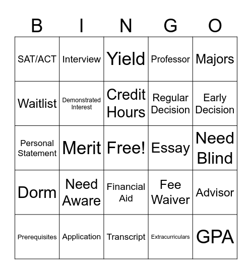 College Admissions Bingo Card