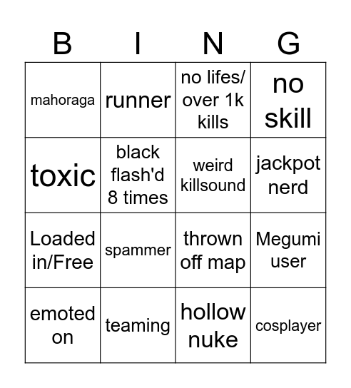 Jujutsu Shenanigans Bingo Card