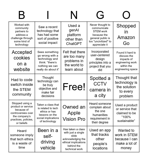 Tech + Humanities Bingo!! HAVE YOU EVER... Bingo Card