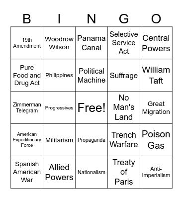 US History Midterm Bingo Card