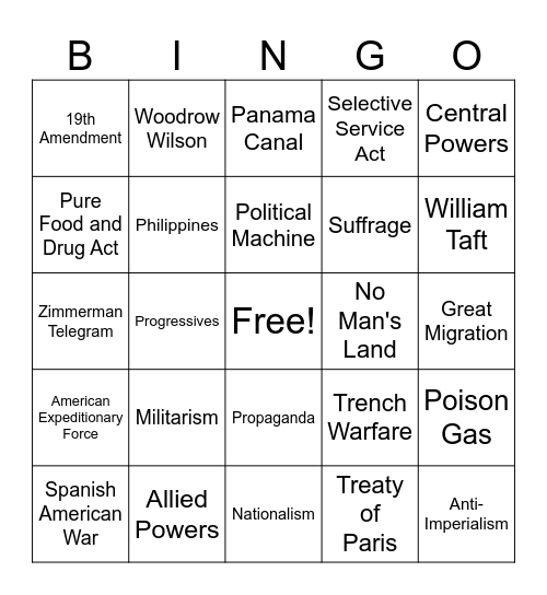 US History Midterm Bingo Card