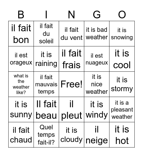 LE TEMPS Bingo Card