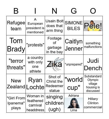 Rio Olympic Opening Ceremonies Bingo Card