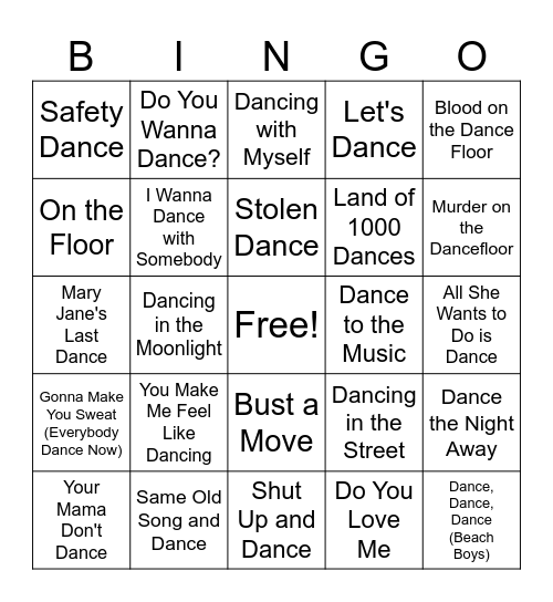 Dance Music Bingo Card