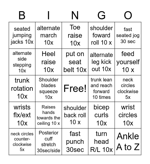 Vista Rehab Exercise Bingo Card