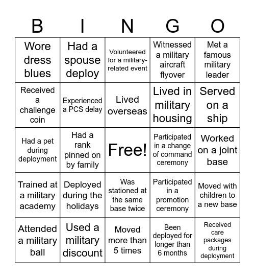 Military Minded Bingo! Bingo Card