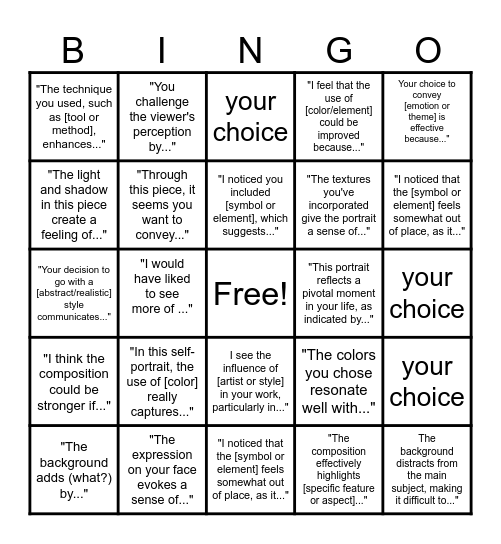 Art Critique Bingo Card