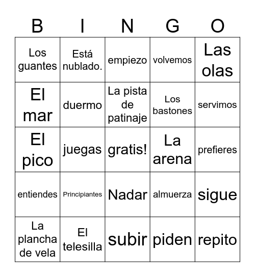 Español 2- Vocabulario y el presente Bingo Card