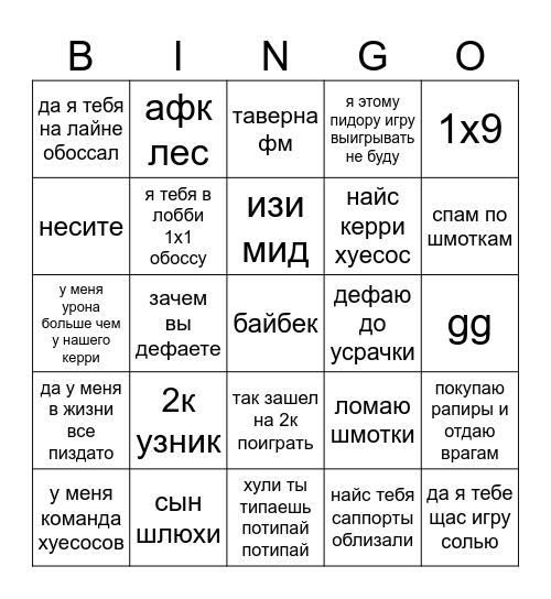 Дота 2 Бинго Bingo Card