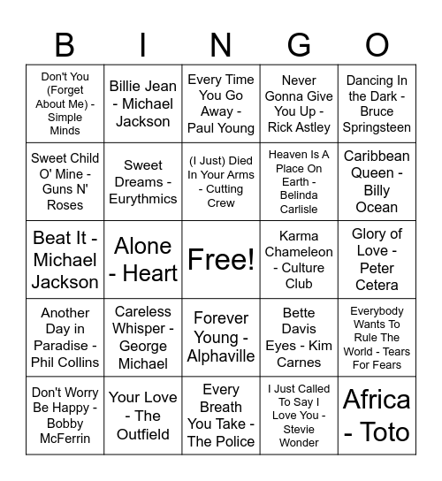 80's musical bingo Round 1 Bingo Card