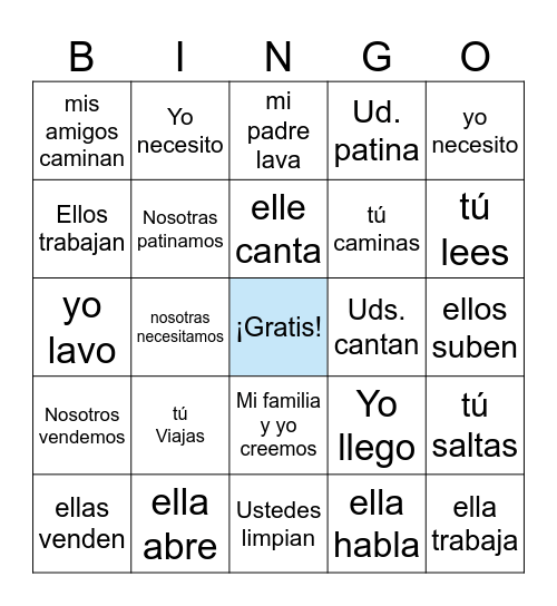 Pronombres Sujetos y -AR, -ER, -IR Verbos Bingo Card