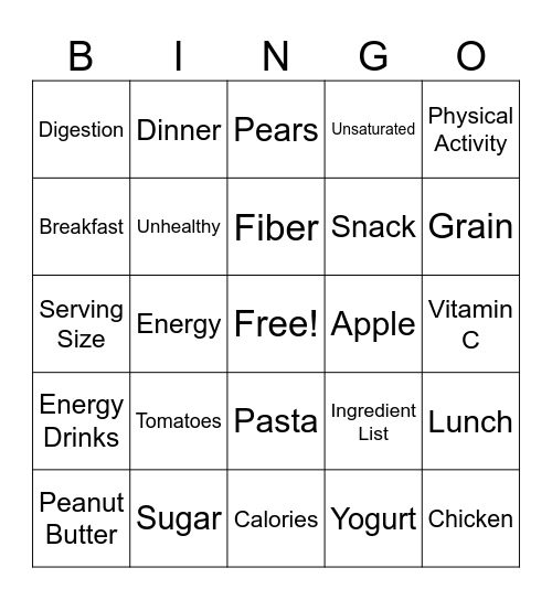 Nutrition Bingo Card