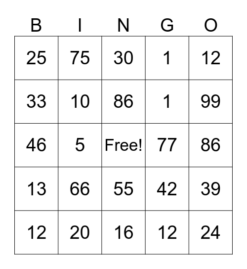 Numeros Bingo Card