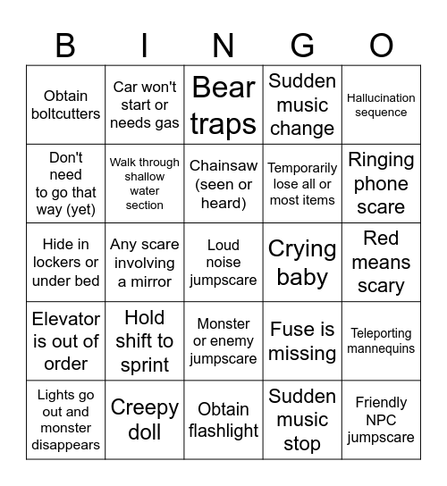 Horror Game Jumpscare Bingo Card