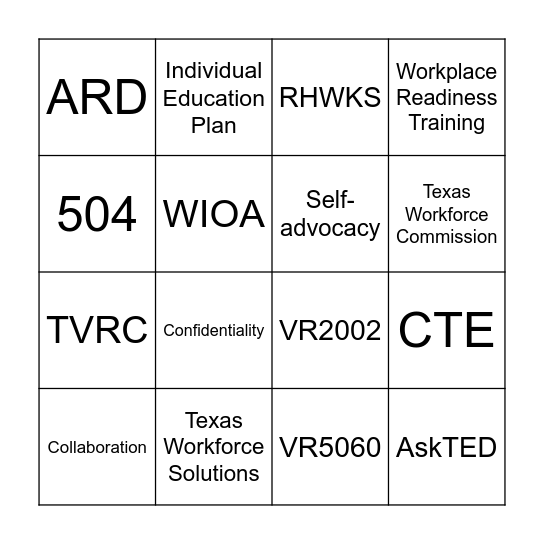 Workbook Bingo Card