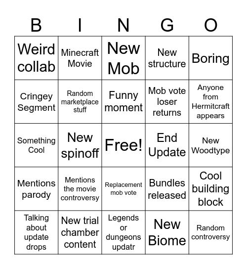 Minecraft live bingo Card