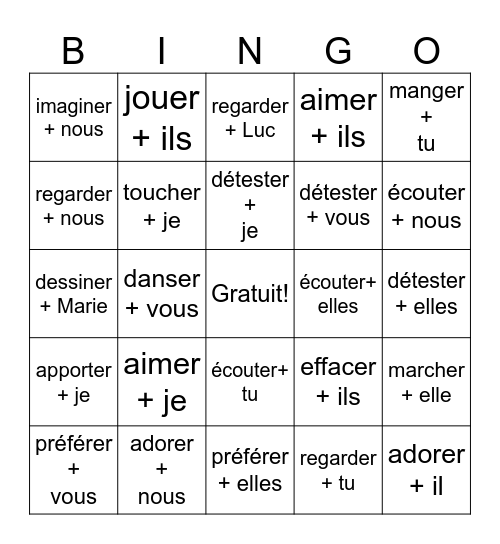 Les Verbes ER Bingo Card