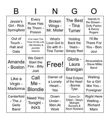80s musical bingo Round 2 Bingo Card