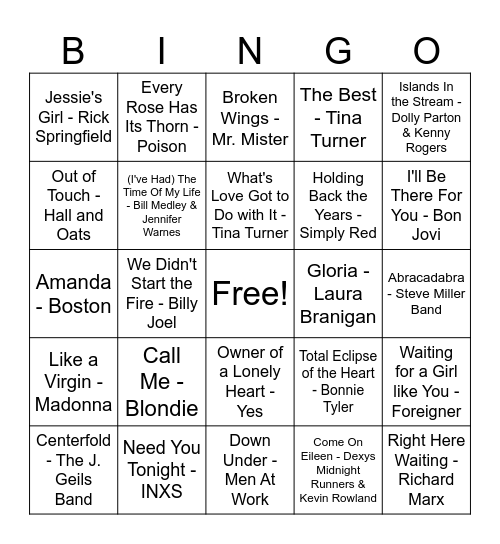 80s musical bingo Round 2 Bingo Card